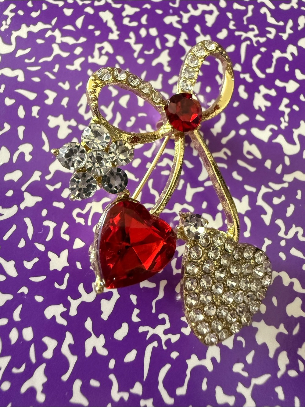 Gold-Tone Red Crystal Heart & Rhinestone Bow Brooch